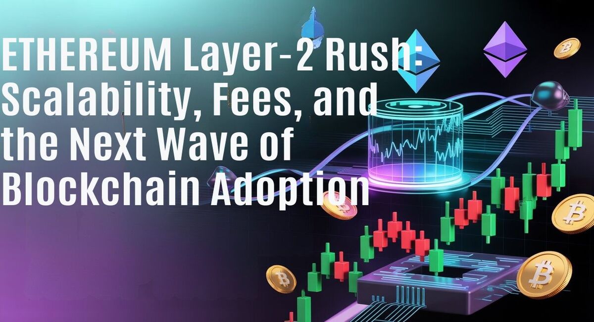 Ethereum Layer-2 Rush headline graphic showing 3D blockchain data cylinder, Ethereum and Bitcoin icons, and green/red candlestick chart representing scalability, fees, and next-wave adoption theme.