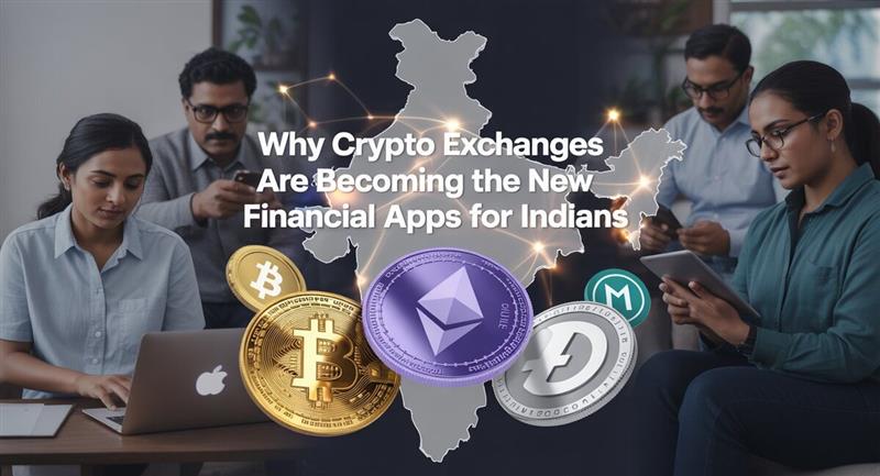 Indian users using crypto exchange apps with Bitcoin, Ethereum, and other coins, showing how crypto platforms are becoming modern financial apps in India.