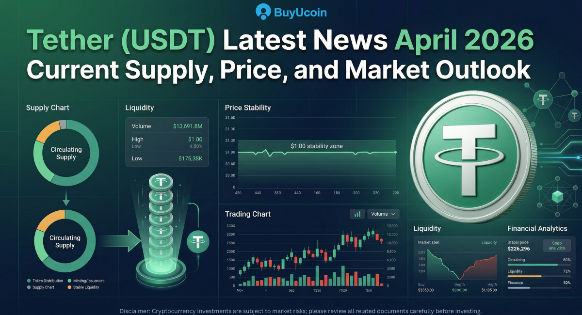 A Tether (USDT) cryptocurrency dashboard showing April 2026 market data, including circulating supply, price stability, and trading charts.