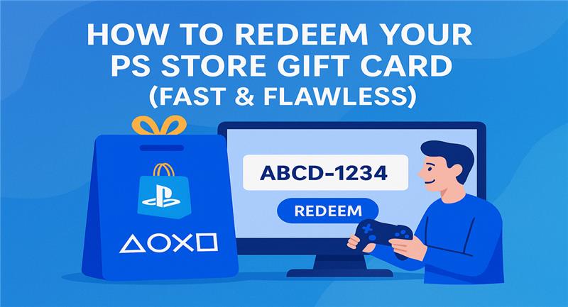 PS Store gift card redemption graphic with code on screen and gamer holding controller.
