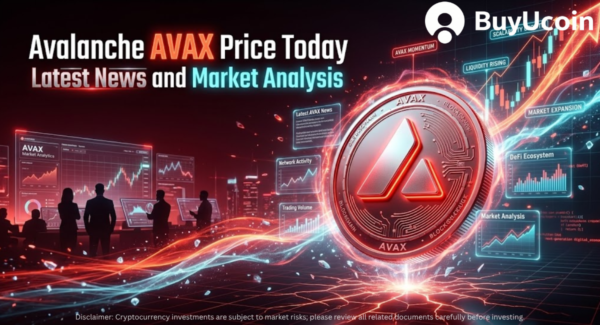 A cinematic market analysis poster for Avalanche (AVAX) featuring a glowing red coin, holographic trading charts, data panels, and silhouettes of traders.