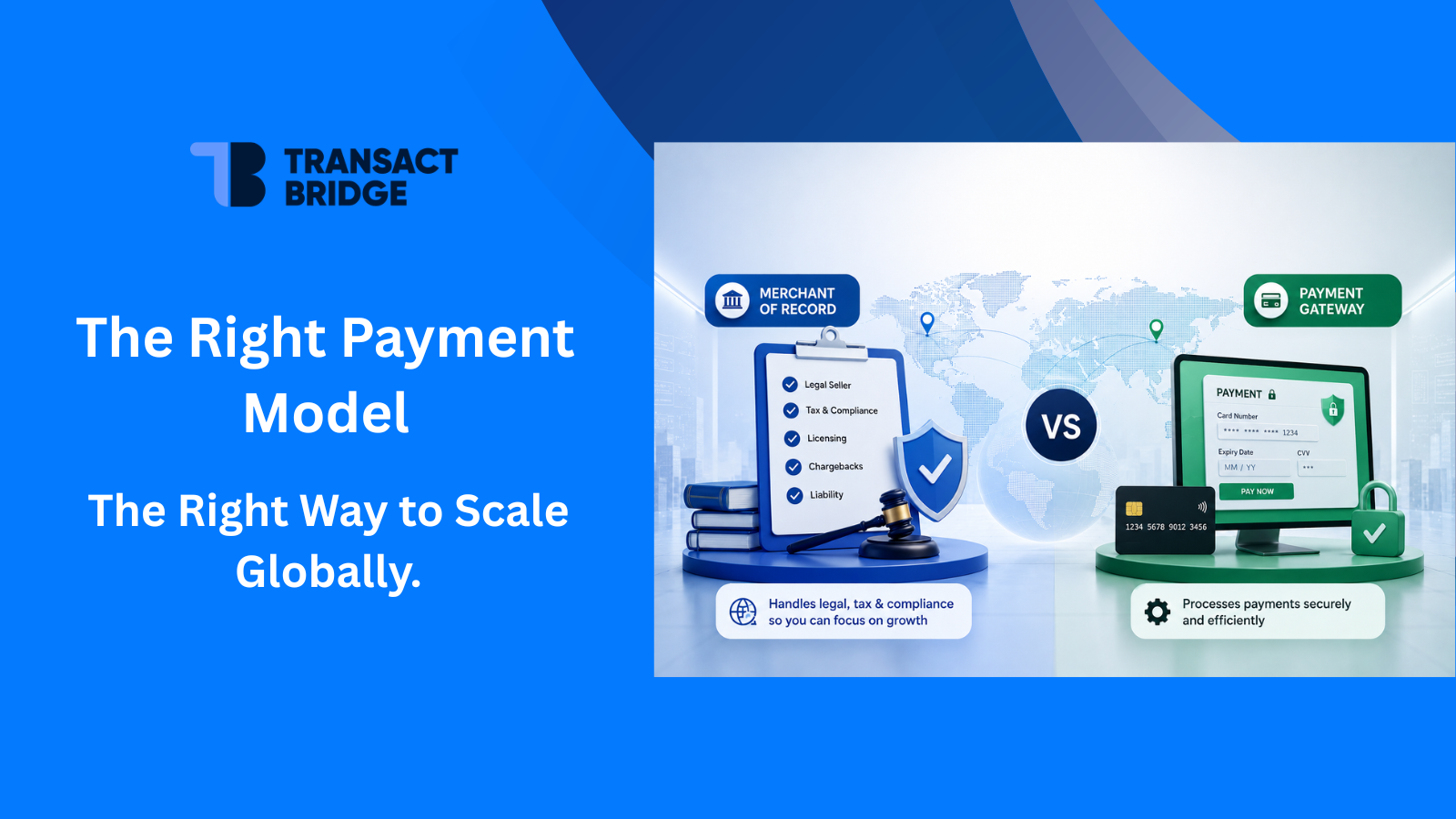 Transact Bridge graphic comparing Merchant of Record and Payment Gateway for global payment processing and compliance.