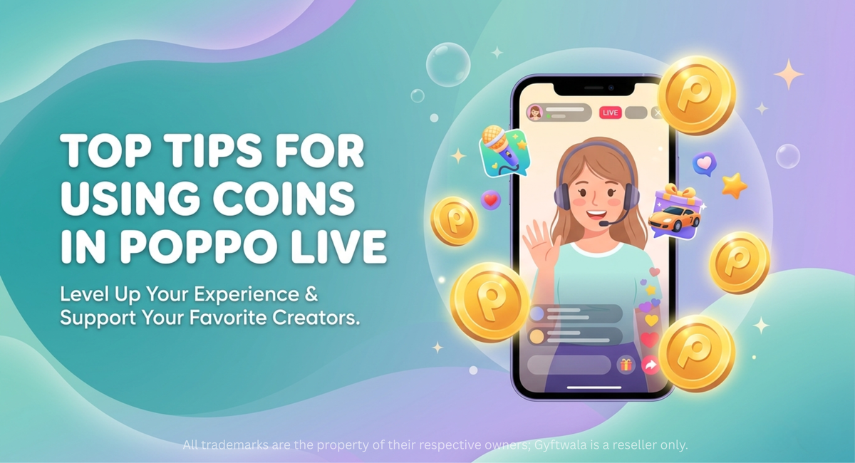 Poppo Live coins usage tips banner with livestream creator and mobile app illustration.