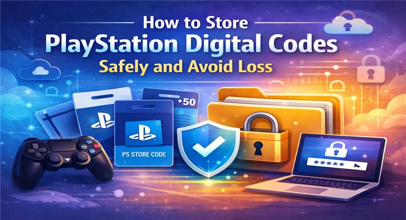PlayStation digital codes with security lock, shield, and safe storage icons.