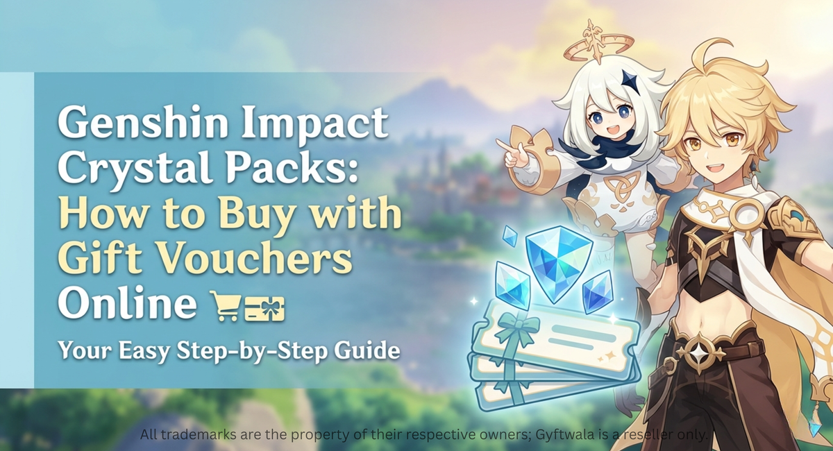 Genshin Impact crystal packs guide banner with anime characters and gift voucher illustration.