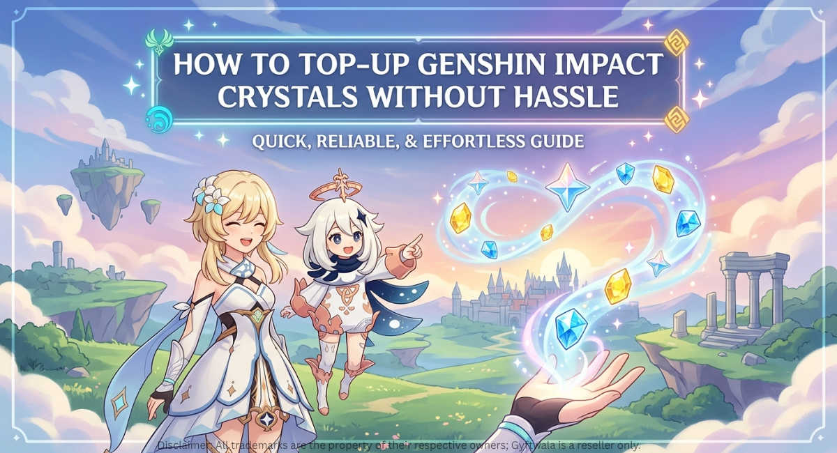 Guide to top up Genshin Impact crystals with characters and floating gems in a fantasy landscape.