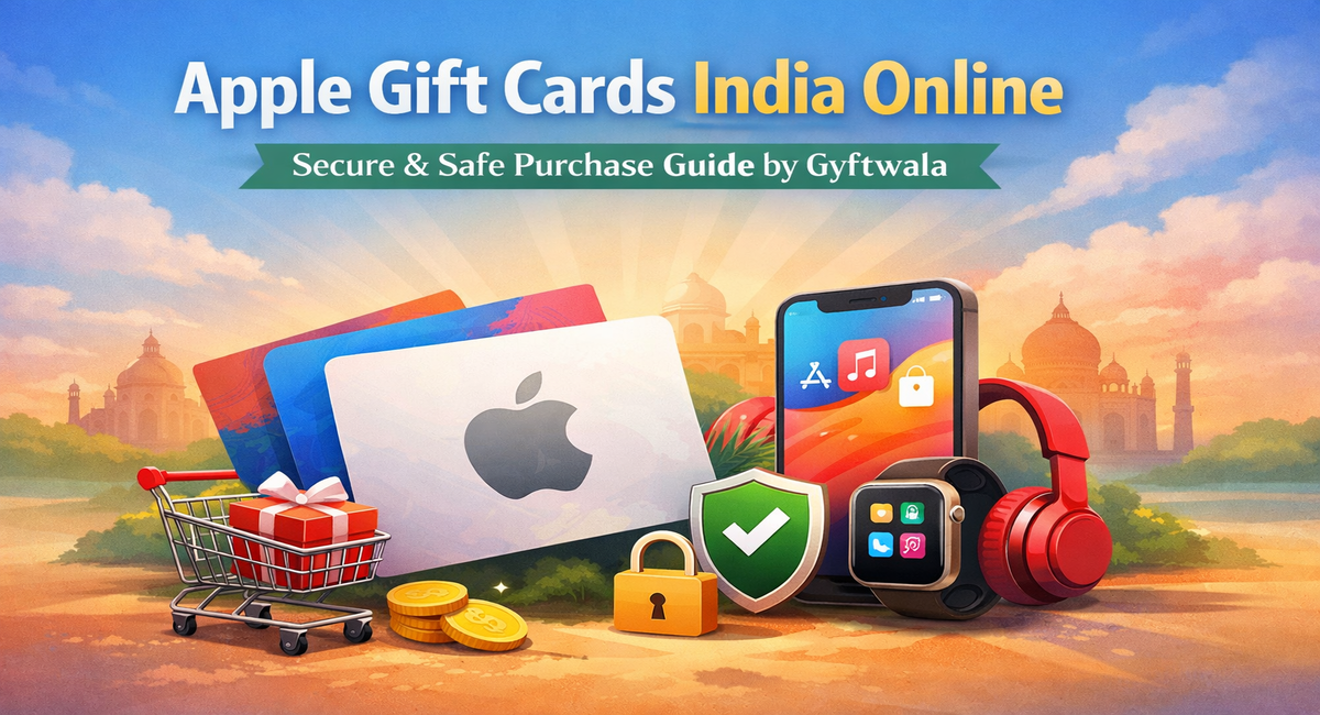 Apple Gift Cards India online purchase guide banner with Apple devices, gift cards, security shield, shopping cart, and Taj Mahal background.
