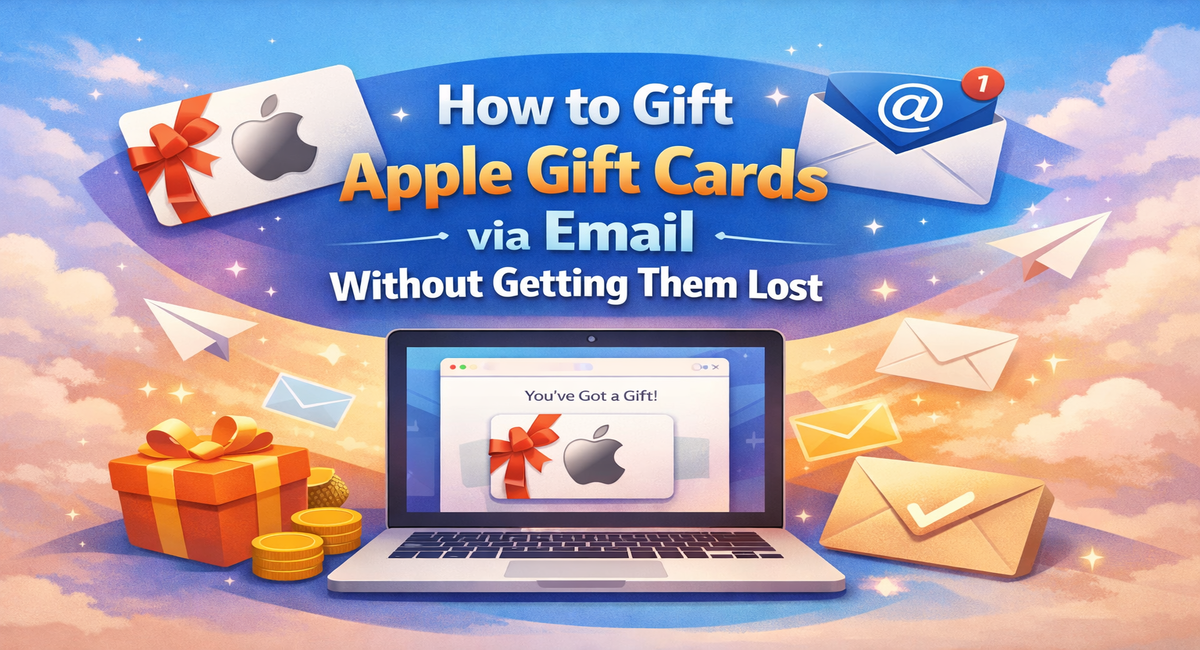 Apple gift card sent via email with laptop and envelopes illustration.