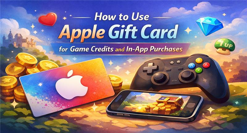 Apple Gift Card with game controller, coins, mobile gaming screen, and in-app purchase icons illustration