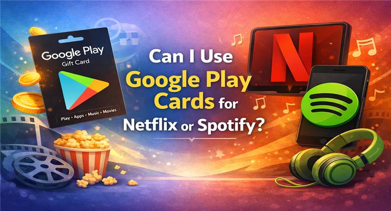 Google Play gift card with Netflix and Spotify subscription icons
