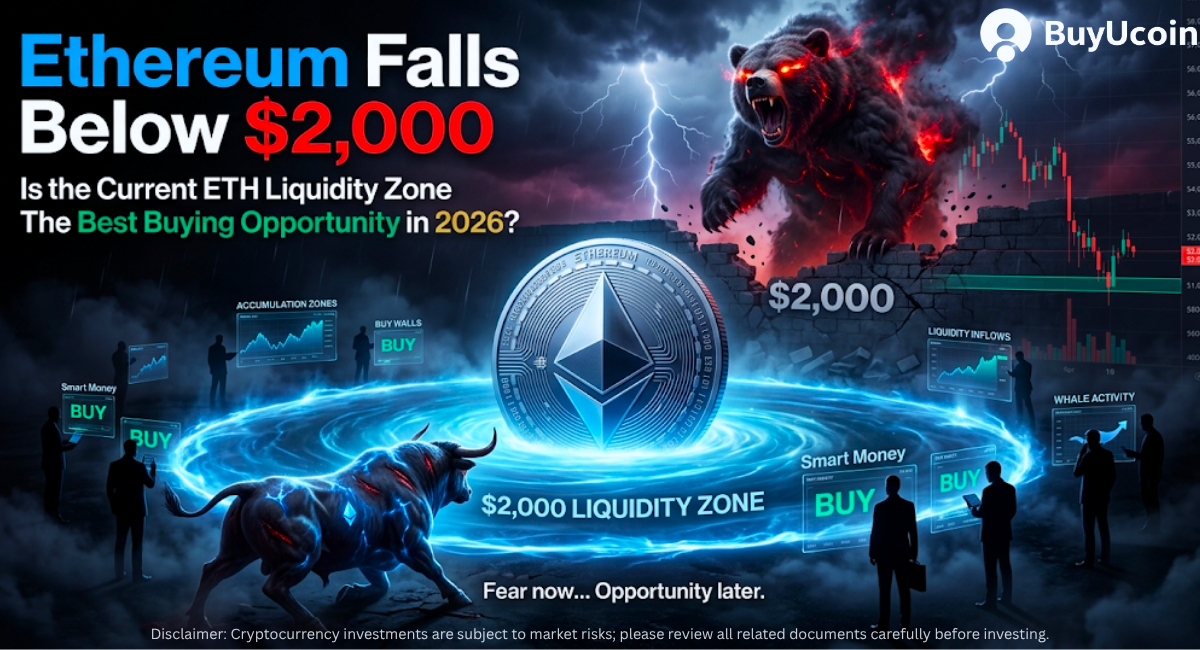 Cinematic crypto art: Ethereum coin in a glowing $2,000 liquidity zone. A fiery bear roars above, while a resilient bull and investors gather below.