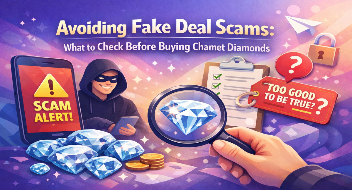Illustration warning about fake Chamet diamond deals with scam alert, magnifying glass, checklist, and diamonds.