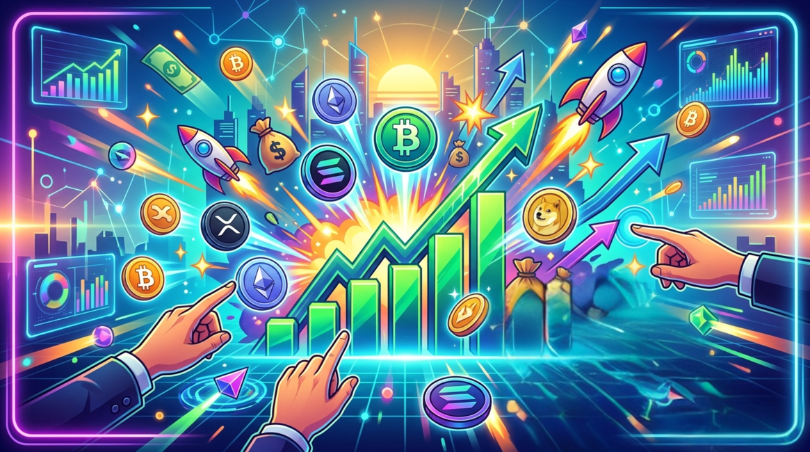 Best crypto to buy now for short term gains showing rising Bitcoin, Ethereum, XRP and altcoins with bullish market charts and upward trend arrows