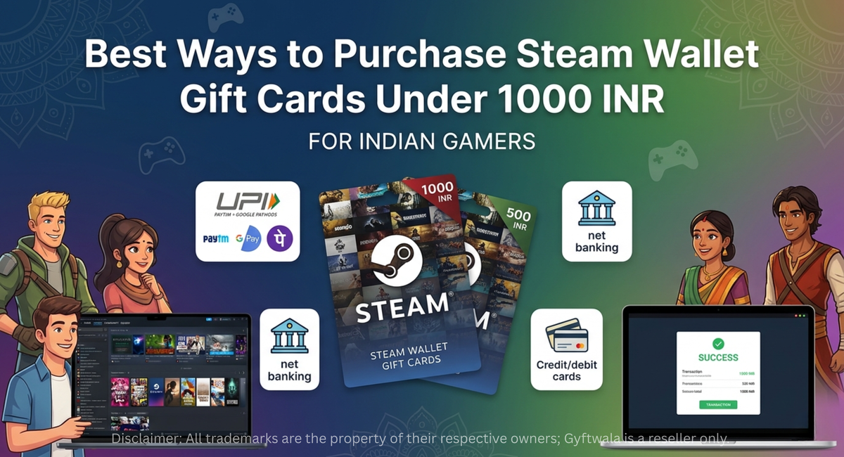Steam Wallet Gift Cards under 1000 INR buying guide banner for Indian gamers showing payment methods and digital Steam recharge options.