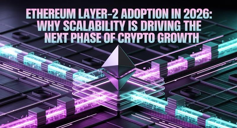 Ethereum Layer-2 adoption illustration showing scalable blockchain infrastructure, faster transactions, and reduced fees driving crypto growth in 2026.