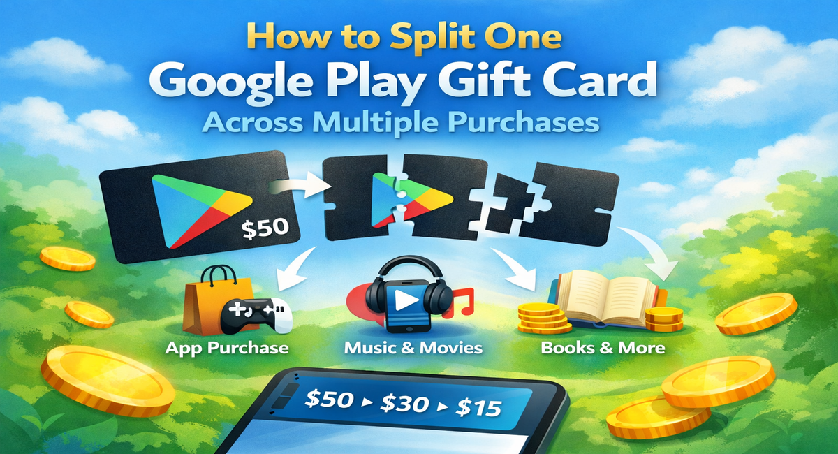 Google Play gift card split across multiple purchases for apps, music, movies, and books