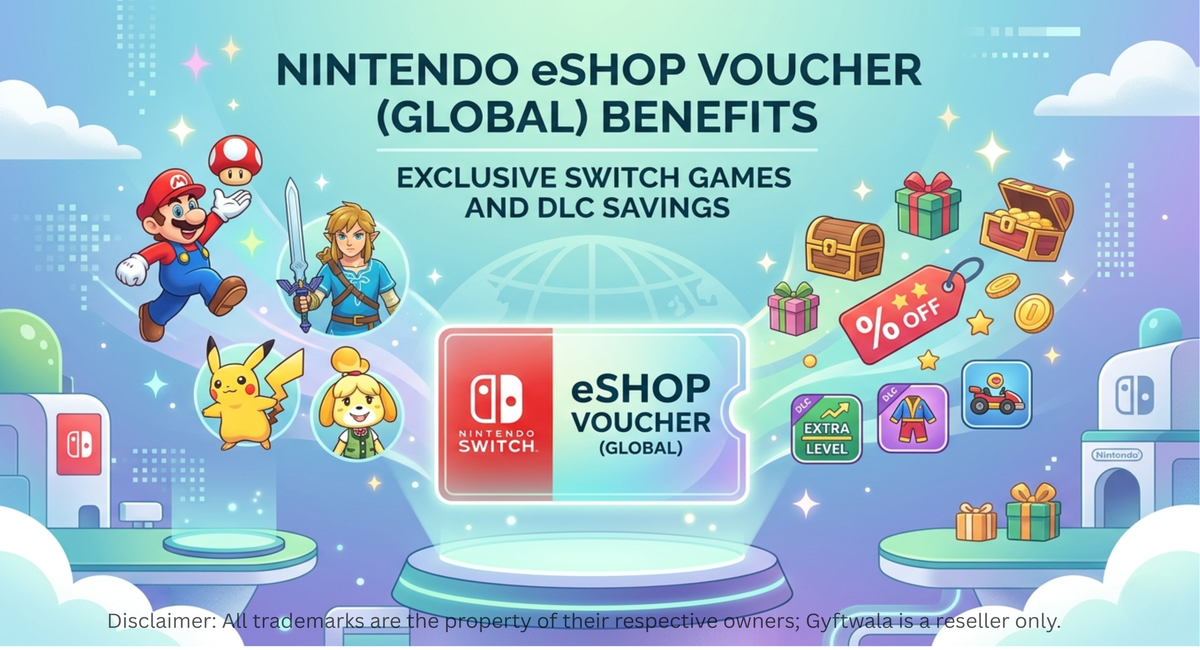 Nintendo eShop Voucher (Global) banner showing Switch game characters, digital voucher card, and DLC savings offers.
