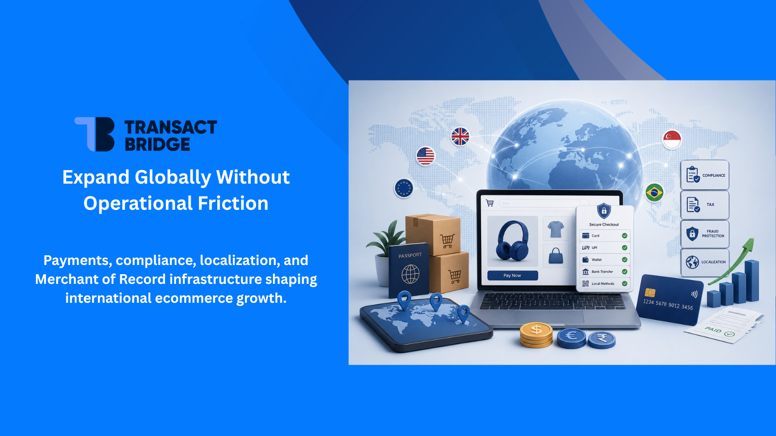 Global Ecommerce Expansion 2026 illustration featuring cross-border ecommerce operations, merchant of record services, global payments, tax compliance, localization, and international market expansion infrastructure