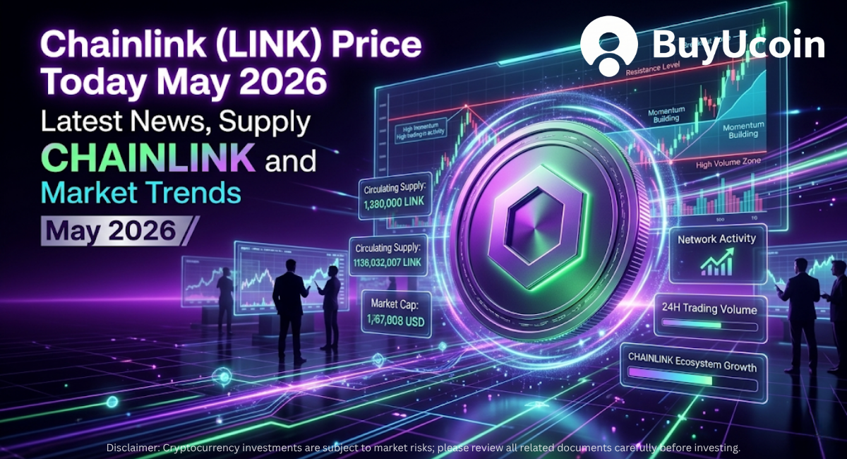 Chainlink (LINK) – Neon-themed Chainlink (LINK) price analysis dashboard showing market trends, supply data, and trading activity for May 2026.