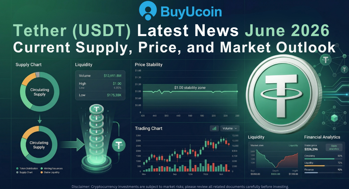 Tether (USDT) June 2026 market overview infographic showing supply, liquidity, price stability, trading charts, financial analytics, and a large USDT coin.