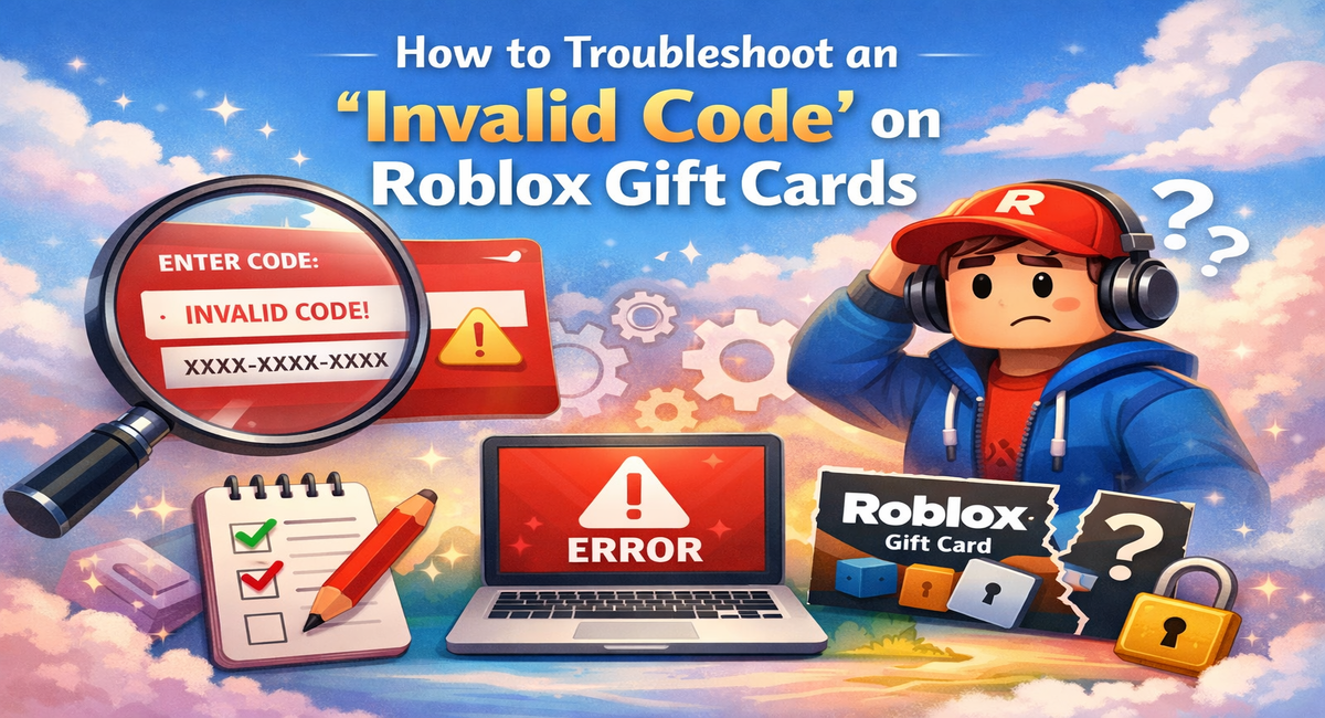 Illustration showing Roblox gift card “Invalid Code” error with confused user, error screen, and troubleshooting icons.