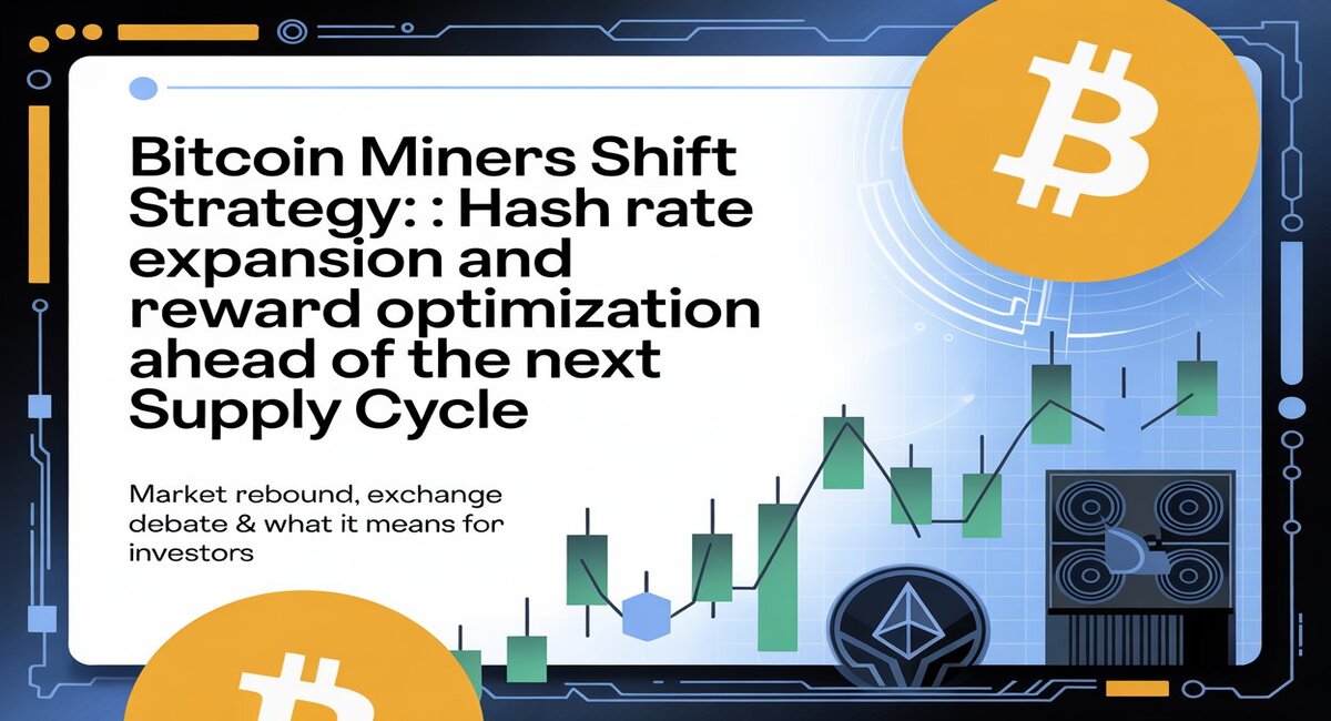 Digital illustration of a Bitcoin miners’ market analysis dashboard with the headline about hash rate expansion and reward optimization, framed by a tech-style blue border and overlaid with Bitcoin logos and green candlestick charts