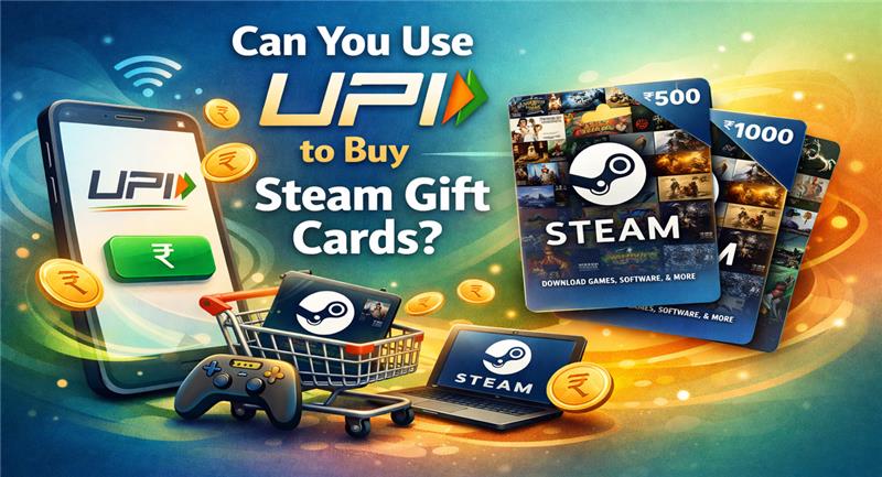 UPI payment phone with Steam gift cards, gaming icons, and ₹500 and ₹1000 Steam cards illustration