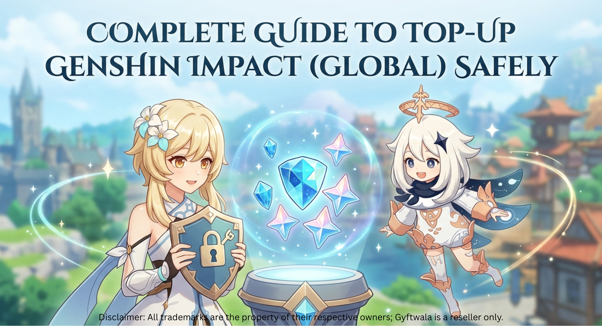 Genshin Impact global top-up guide banner showing characters with Genesis Crystals and secure recharge theme.