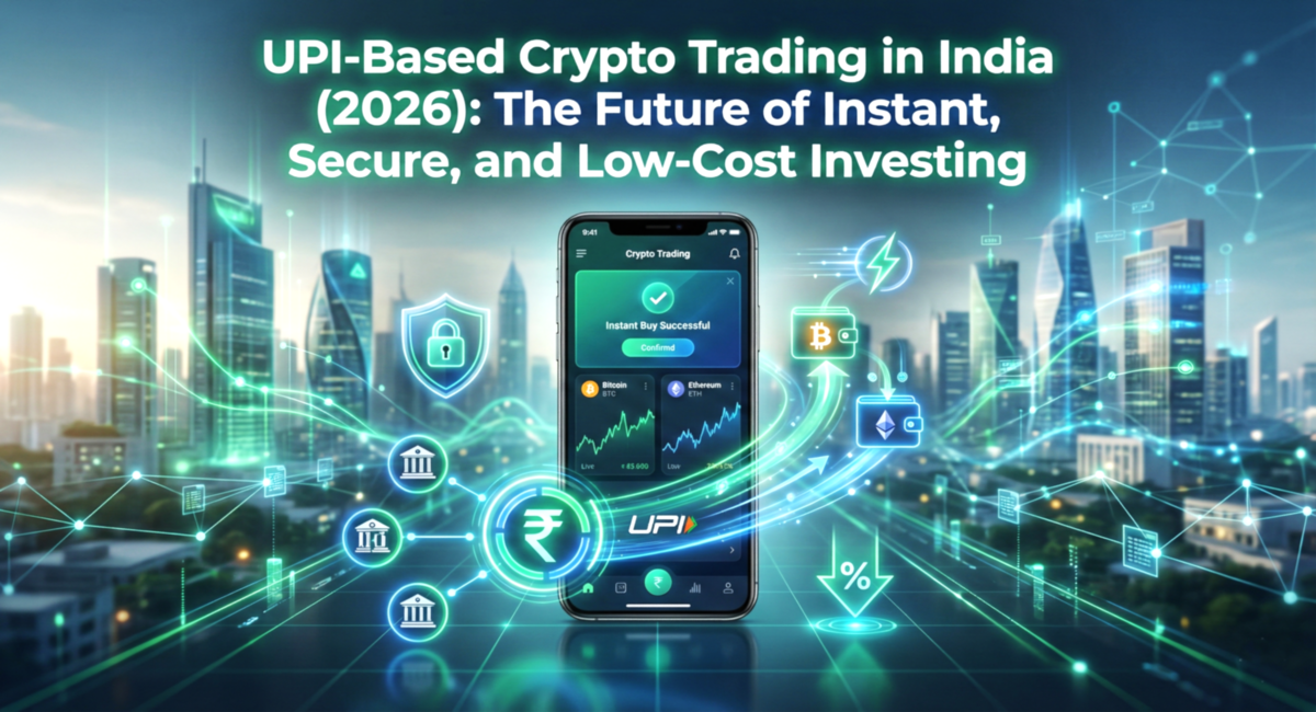 UPI-based crypto trading app in India showing instant Bitcoin and Ethereum purchases, secure payments, low fees, and real-time charts against a modern city skyline.