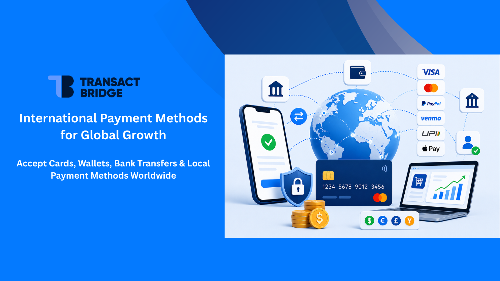 International payment methods illustration showing global payment acceptance through cards, digital wallets, bank transfers, UPI, PayPal, Apple Pay, and local payment methods. Global payments infrastructure with secure cross-border transactions for businesses accepting payments worldwide.