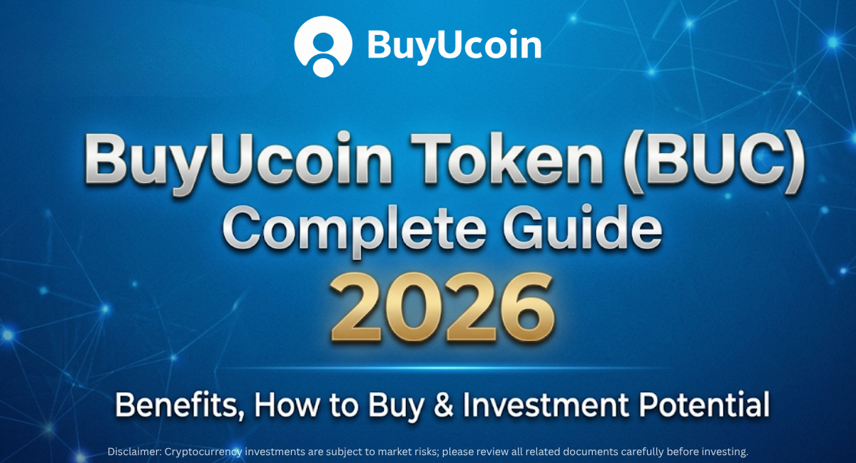BuyUcoin logo on a dark blue gradient background featuring glowing, futuristic network nodes and interconnected lines framing the edges.