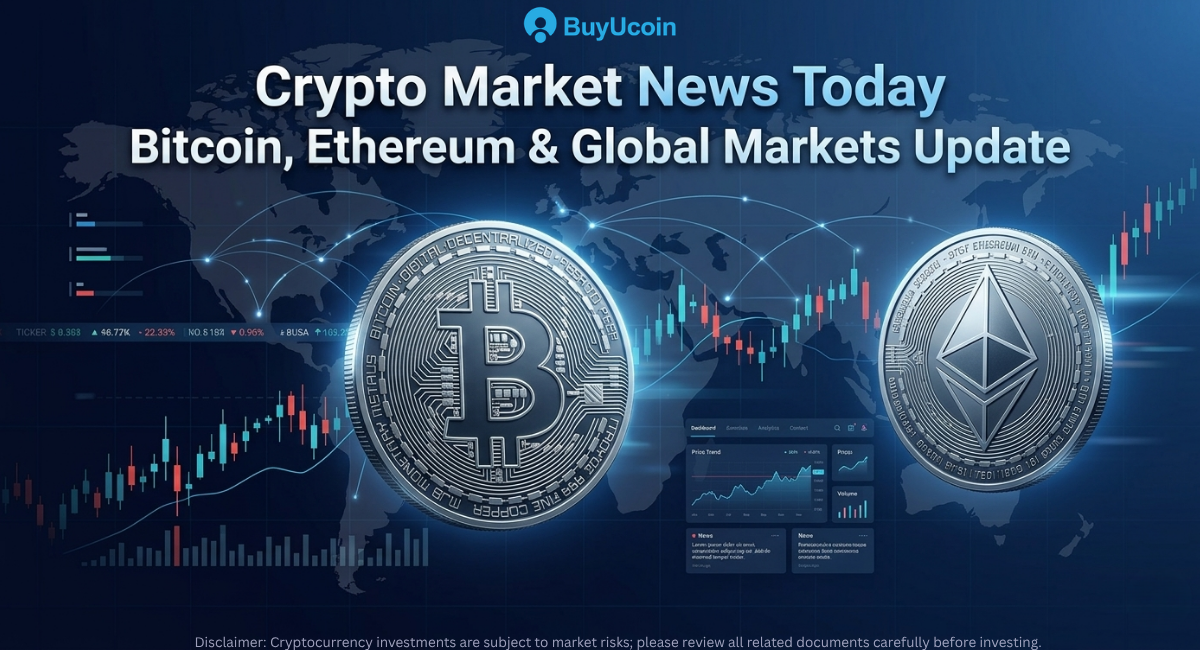 Crypto market news banner showing Bitcoin and Ethereum coins with global market charts and cryptocurrency price trends.