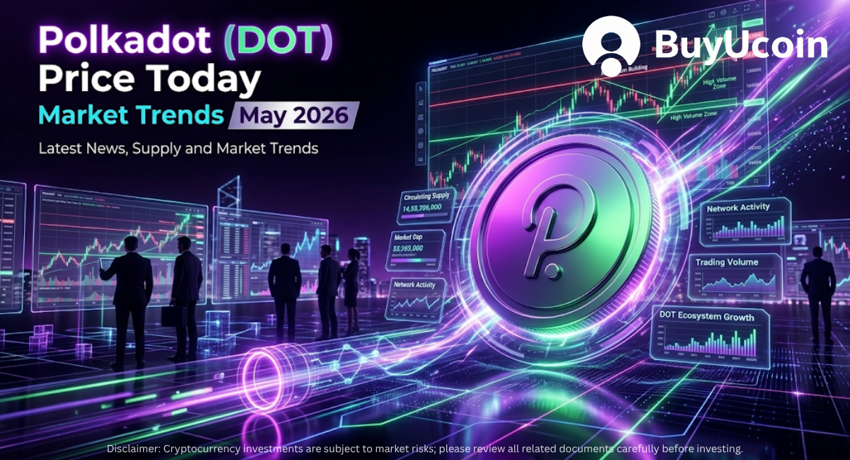 Polkadot (DOT) – Futuristic Polkadot (DOT) market trends graphic with trading charts, analytics panels, and BuyUcoin branding for May 2026.
