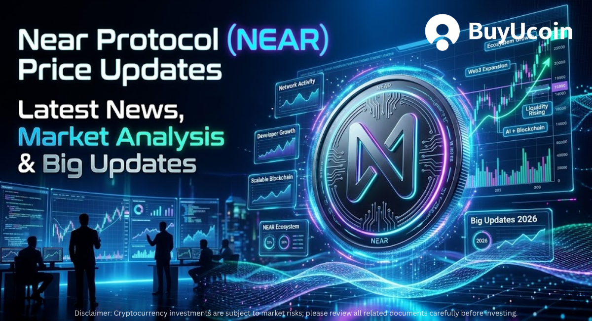 Futuristic Near Protocol (NEAR) market analysis poster for May 2026, featuring a central coin, data dashboards, AI-inspired graphics, and trader silhouettes.