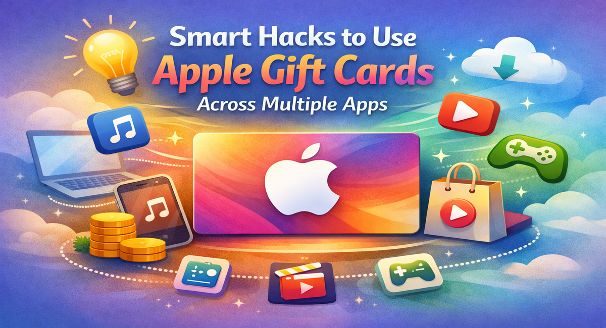 Colorful banner showing Apple Gift Card with apps icons, gaming, music, videos, and shopping theme.
