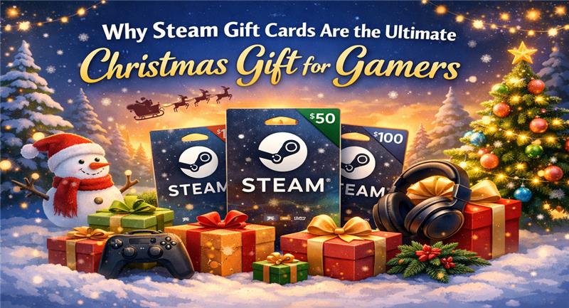 Steam gift cards displayed in a festive Christmas gaming theme.