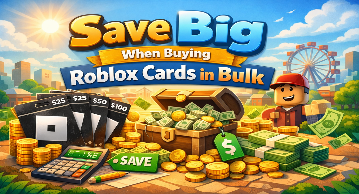 Roblox gift cards in bulk with cash, coins, calculator, and save banner background
