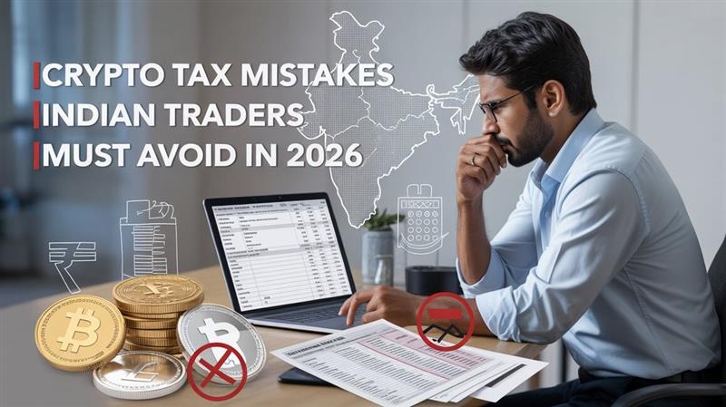Indian crypto trader reviewing tax documents with Bitcoin coins, highlighting common crypto tax mistakes Indian traders must avoid in 2026.
