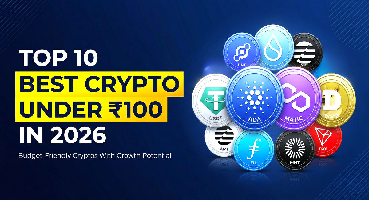 Gemini said Crypto banner: TOP 10 BEST CRYPTO UNDER ₹100 IN 2026. Subtext: Budget-Friendly Cryptos With Growth Potential. Right side shows a cluster of coin logos.