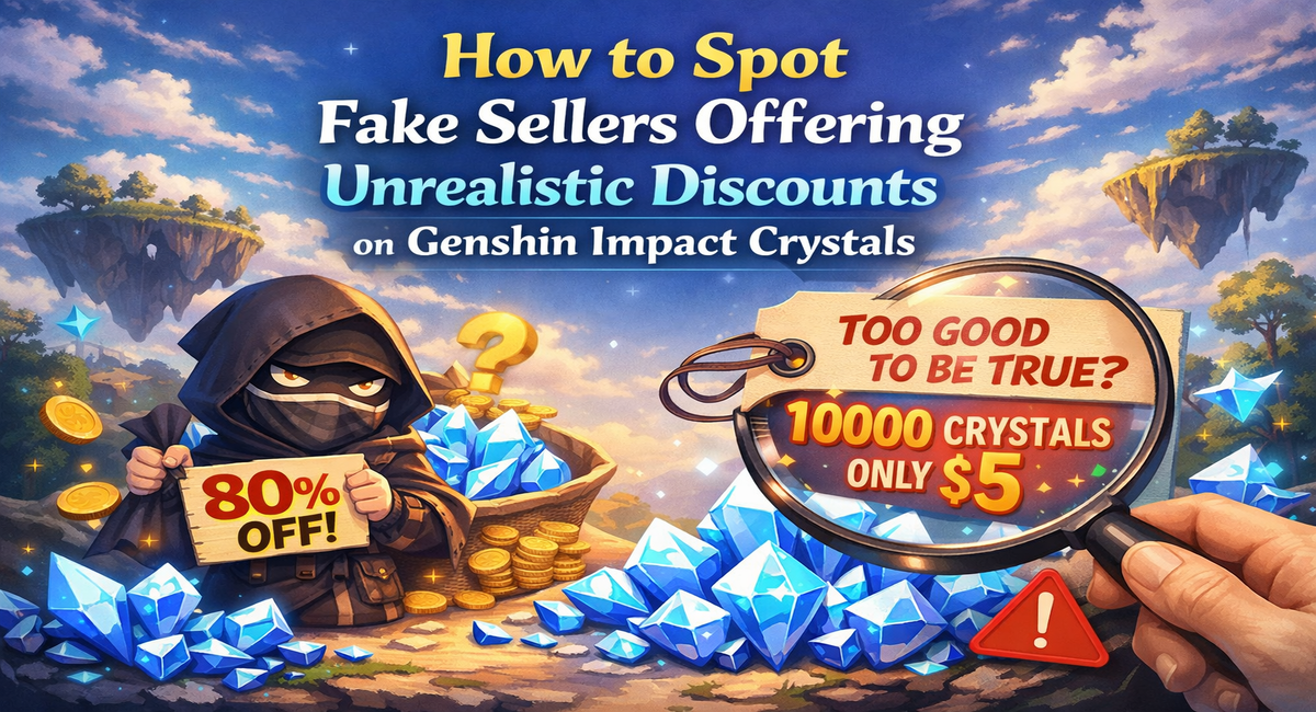 Fake Genshin Impact crystal discount scam illustration