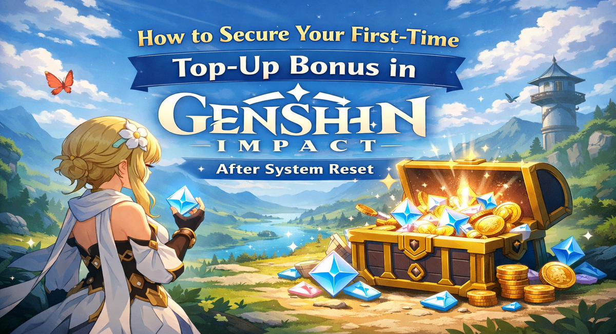 Genshin Impact top-up bonus guide with character and treasure chest full of gems