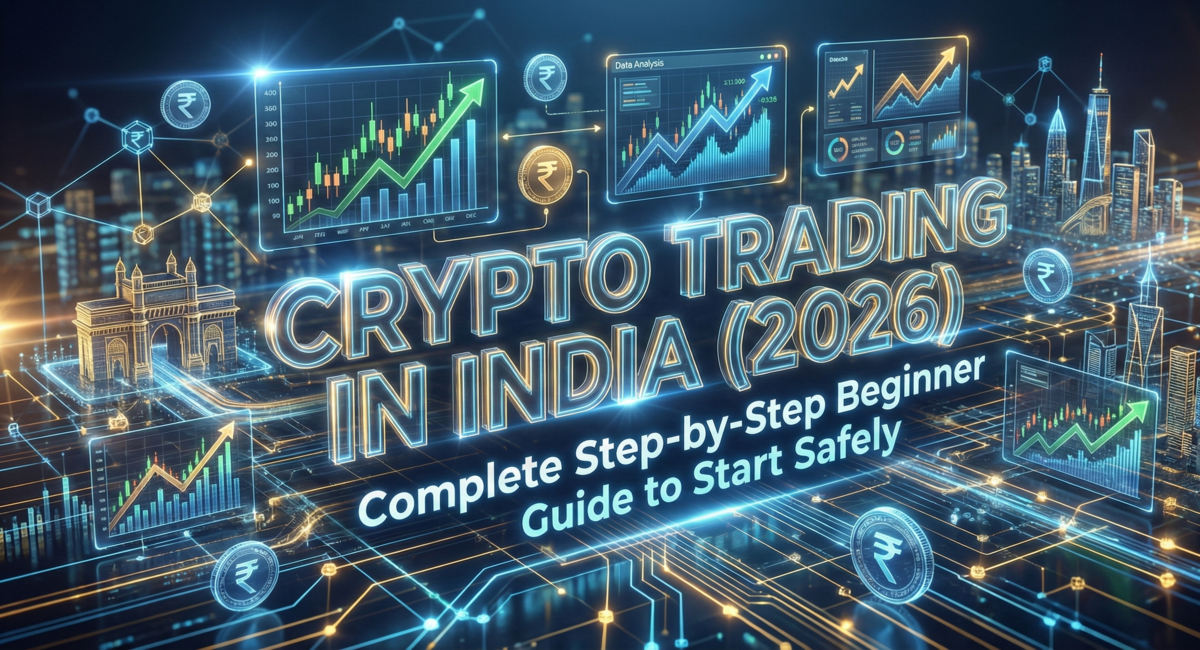 3D digital illustration of Indian crypto trading with rupee signs. Text: Crypto Trading in India (2026) - Complete Step-by-Step Beginner Guide to Start Safely.