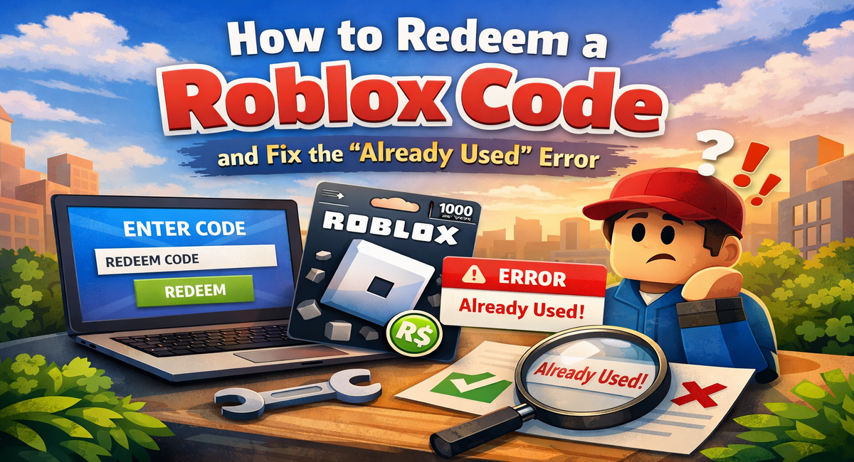 Roblox code redemption screen showing “Already Used” error with confused character and support tools.