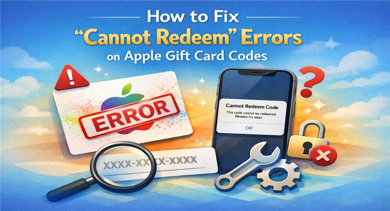 Apple Gift Card cannot redeem error with code, iPhone warning message, and troubleshooting icons
