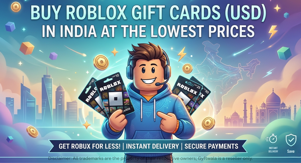 Roblox gift cards promotion banner showing gamer character holding USD Roblox cards with India background and instant delivery message.