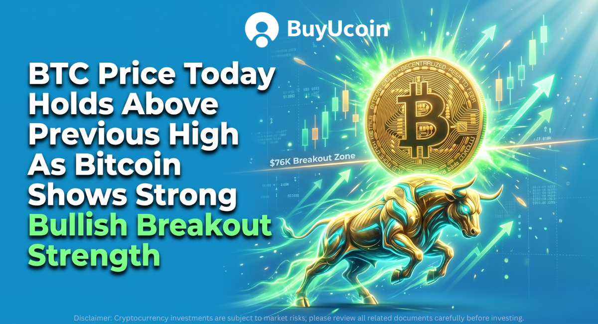 A glowing golden bull pushes Bitcoin past the $76K breakout zone on a blue background, with text: BTC Price Today Holds Above Previous High.