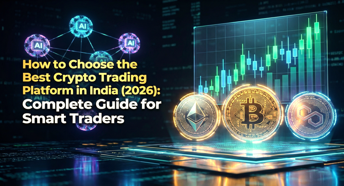 Digital trading banner with coins & AI nodes. Text: How to Choose the Best Crypto Trading Platform in India (2026): Complete Guide for Smart Traders.