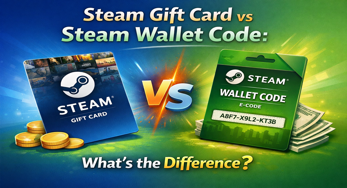 Steam Gift Card vs Steam Wallet Code comparison with cards and coins.