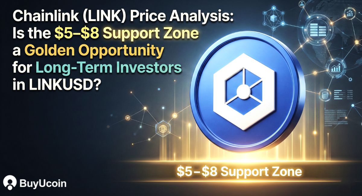 Chainlink (LINK) price analysis image highlighting the $5–$8 support zone, featuring the Chainlink logo, blockchain data visuals, and price charts, showing a potential long-term buying opportunity for investors tracking LINK/LINKUSD.