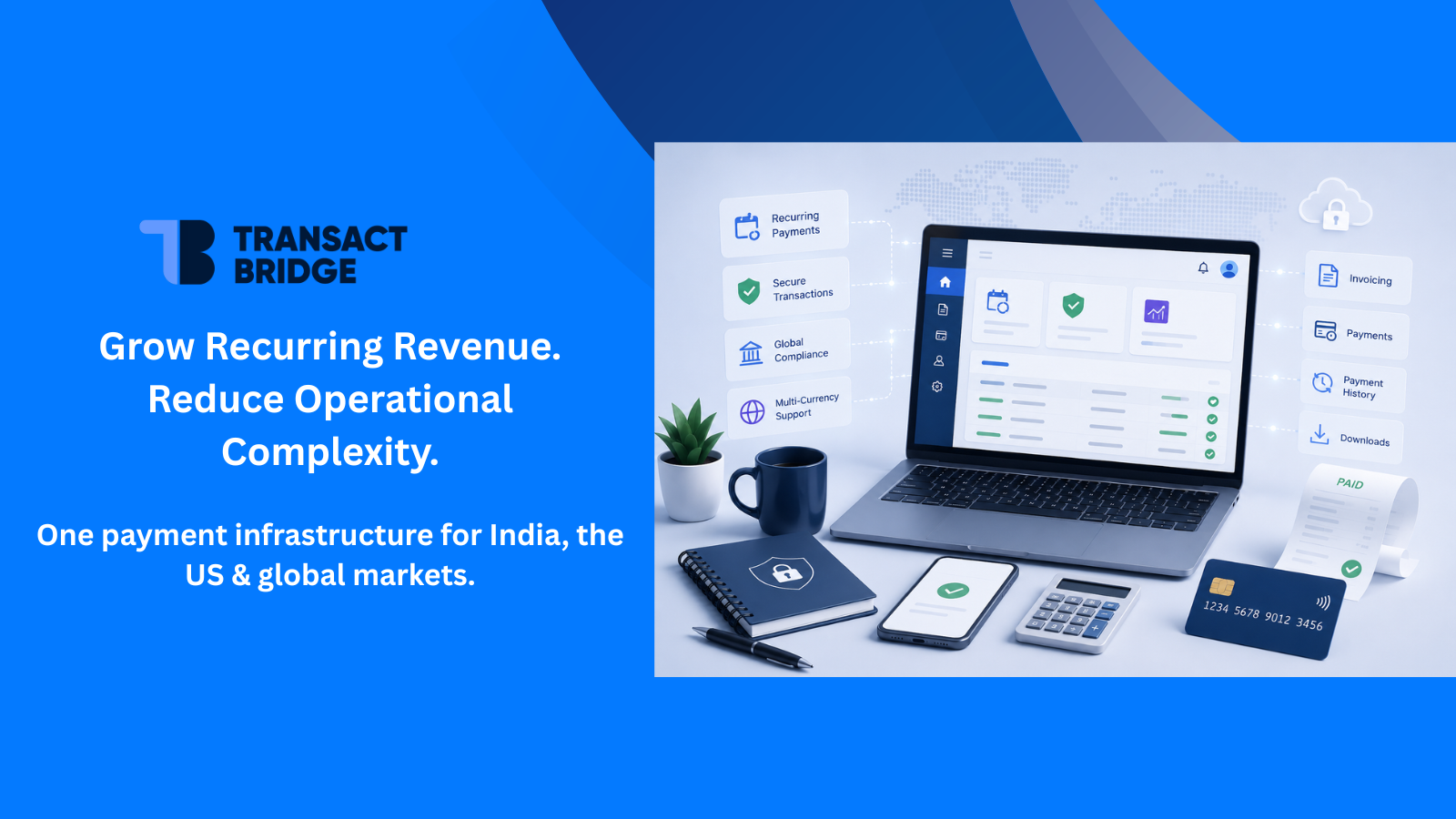  Recurring payment infrastructure dashboard for businesses accepting payments across India, the US, and global markets with secure billing, compliance, and multi-currency support. 